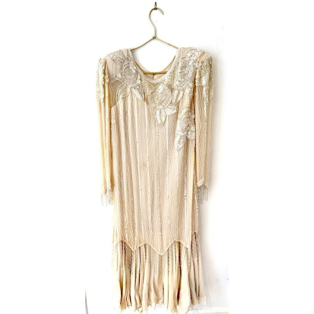 Vintage Oleg Cassini Silk Sequin Beaded Formal Dress Size 14 Blush Pink 1980s